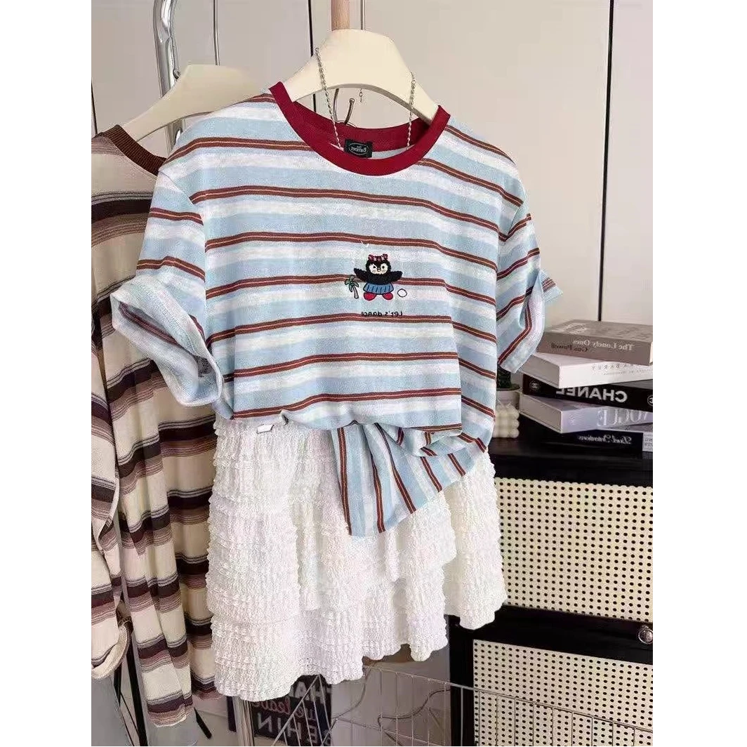 日系减龄卡通百搭圆领企鹅刺绣条纹短袖T恤女夏宽松休闲简约上衣