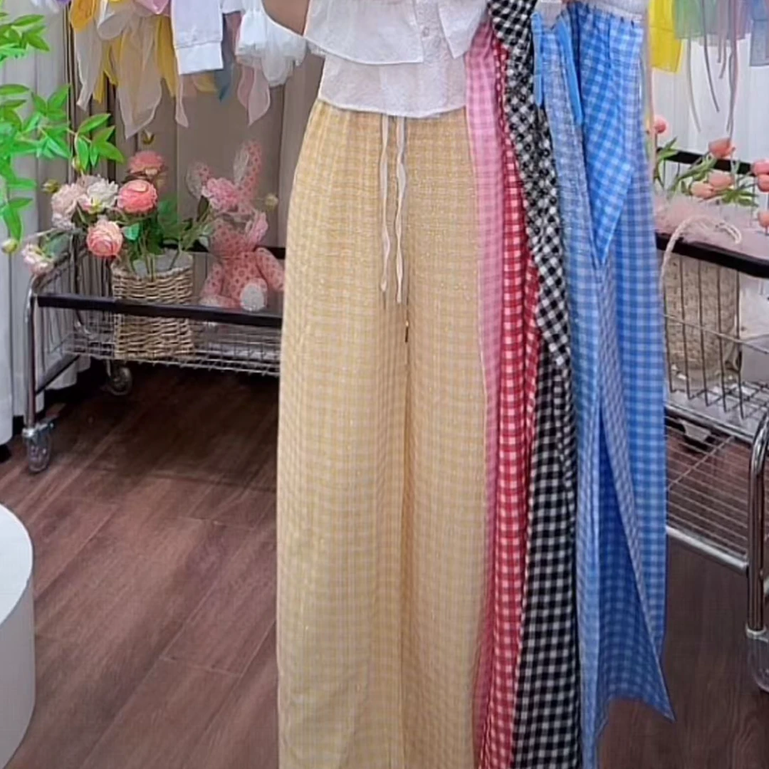 9875#休闲显瘦格子直筒裤
