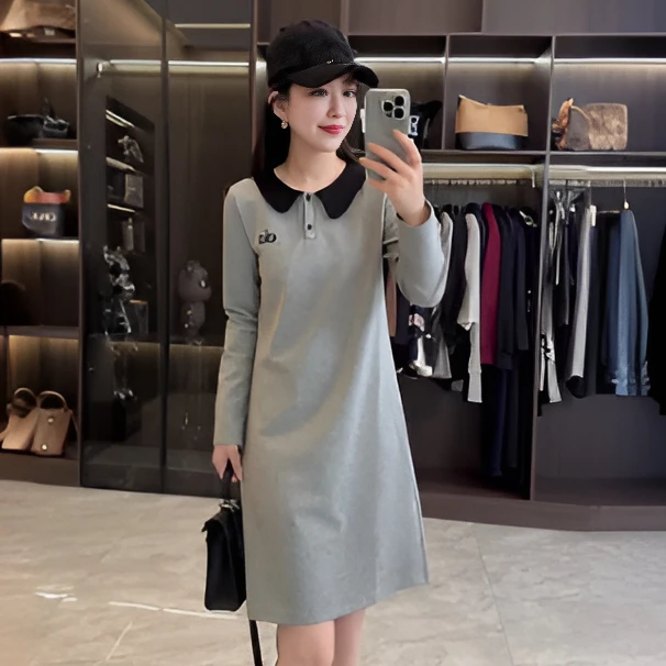 秋季少女风长袖高腰常规慵懒风连衣裙裙子翻领减龄显瘦气质娃娃领