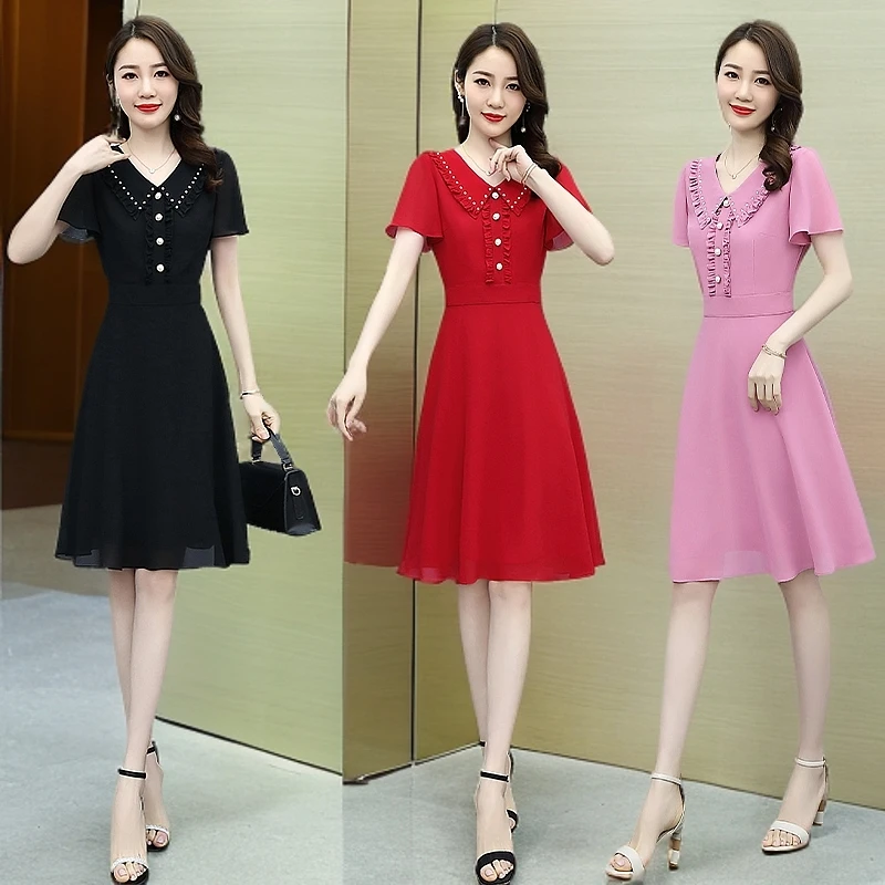 夏季新款优雅气质小V领收腰显瘦修身连衣裙大码小个子洋气时尚