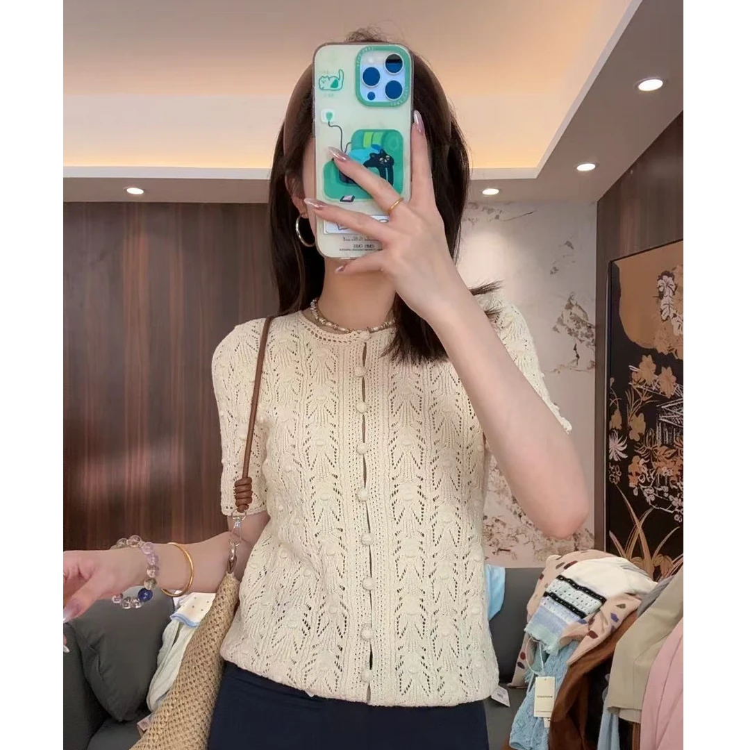 【LIbaibai】春夏新款短袖镂空针织上衣BB-1508清