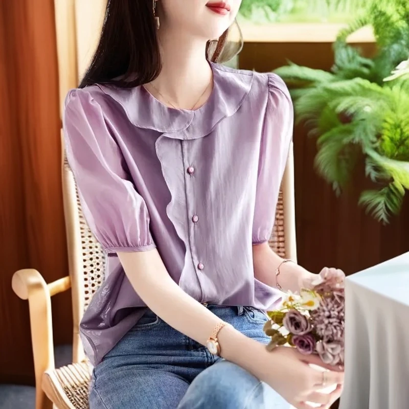 短袖泡泡袖百搭紫色纯棉磨毛衬衫小衫设计感洋气甜美显瘦气质衬衣