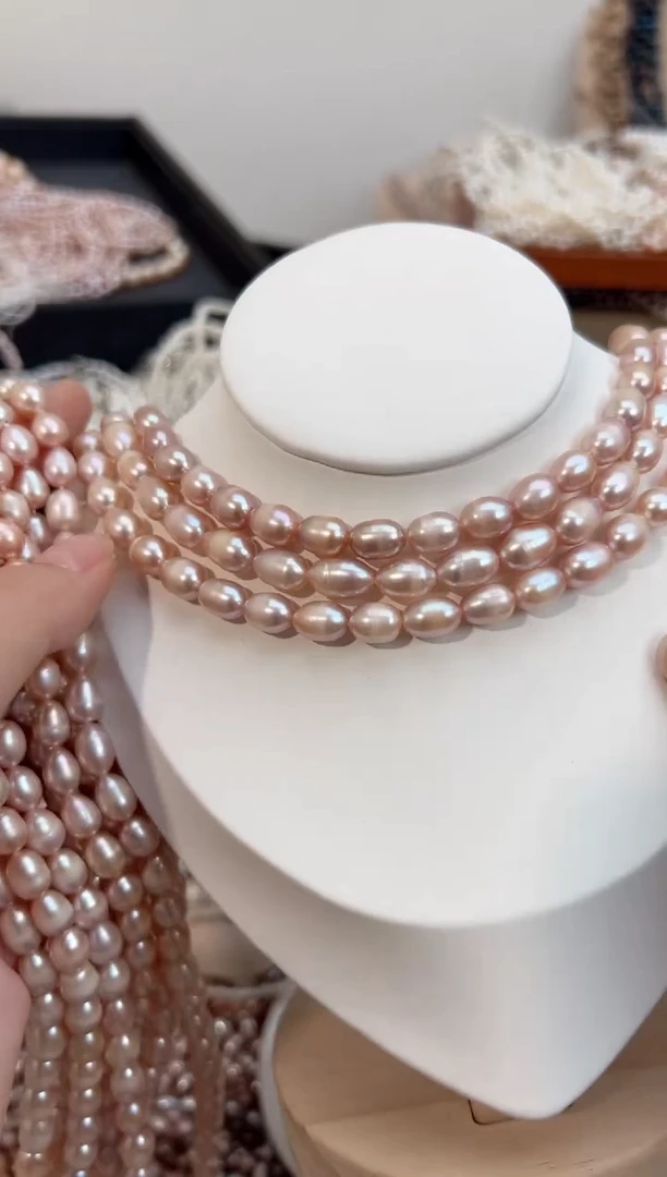 未镶嵌35淡水珍珠粉色*强光珍珠项链无核（有妖线）7mm