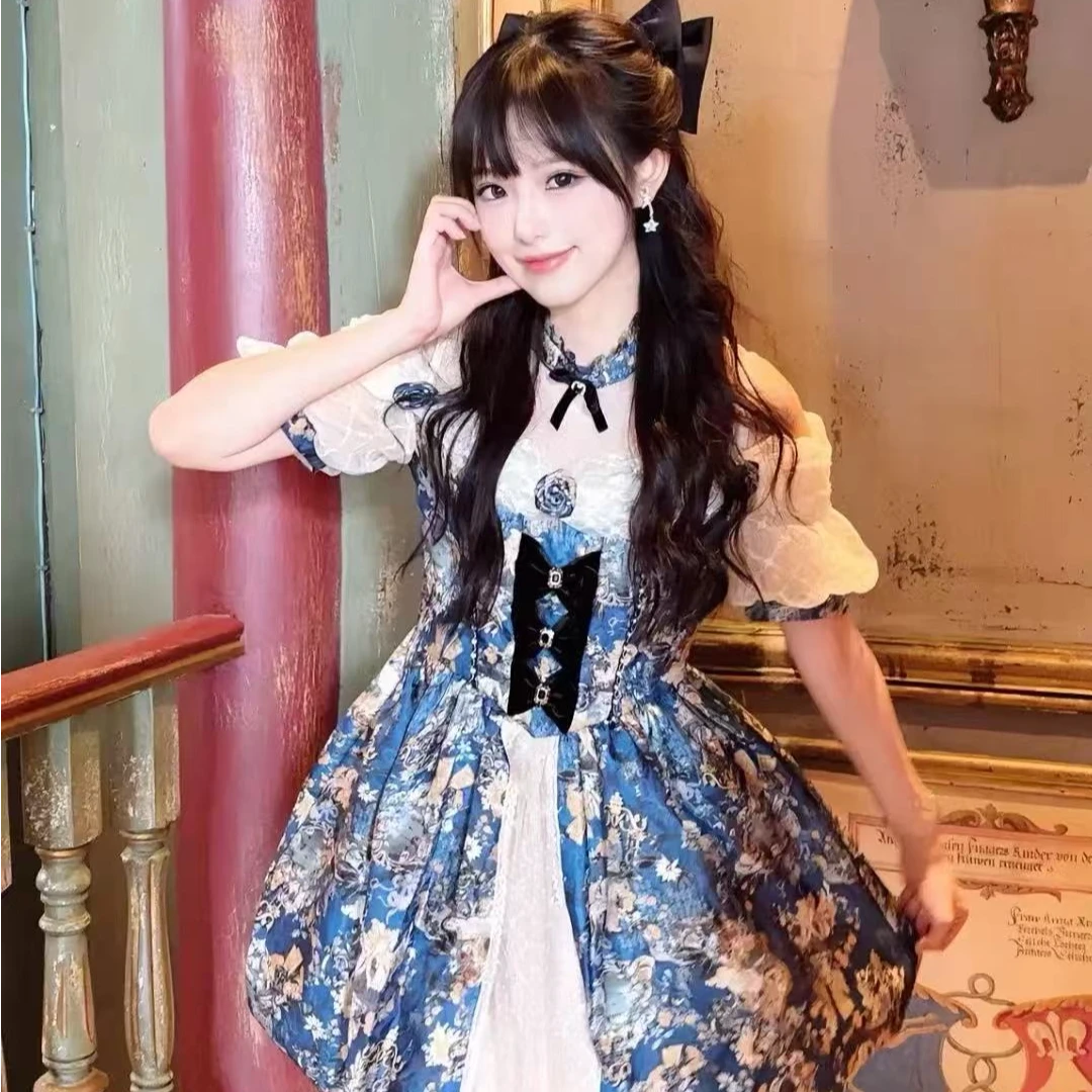 蓝色优雅蛋糕宫廷风重工连衣裙2024春秋新款高腰时尚显瘦气质裙子