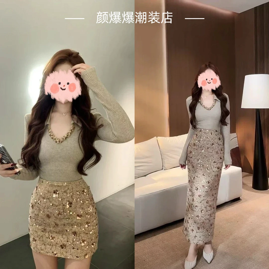 秋冬时尚翻领设计感长袖针织打底针织重工亮片小个子显瘦修身上衣