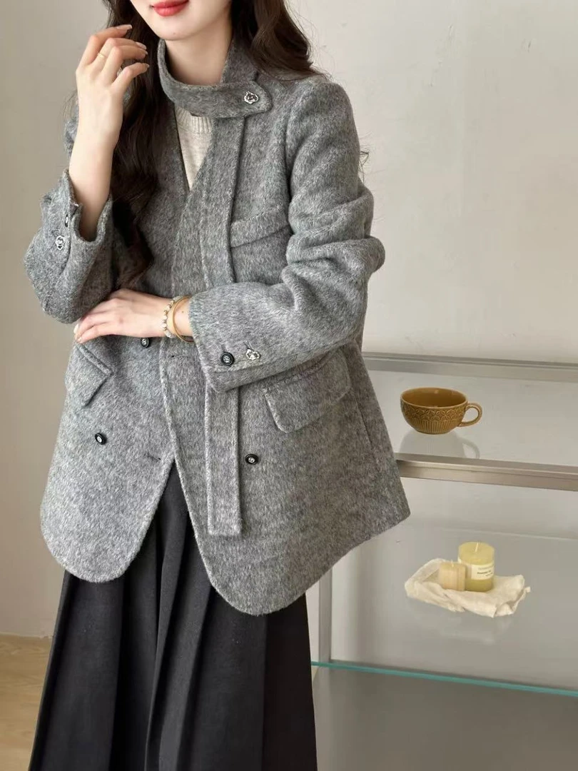 莎枝岚毛呢外套轻职风落肩袖秋冬厚款短款立领纯色长袖1119