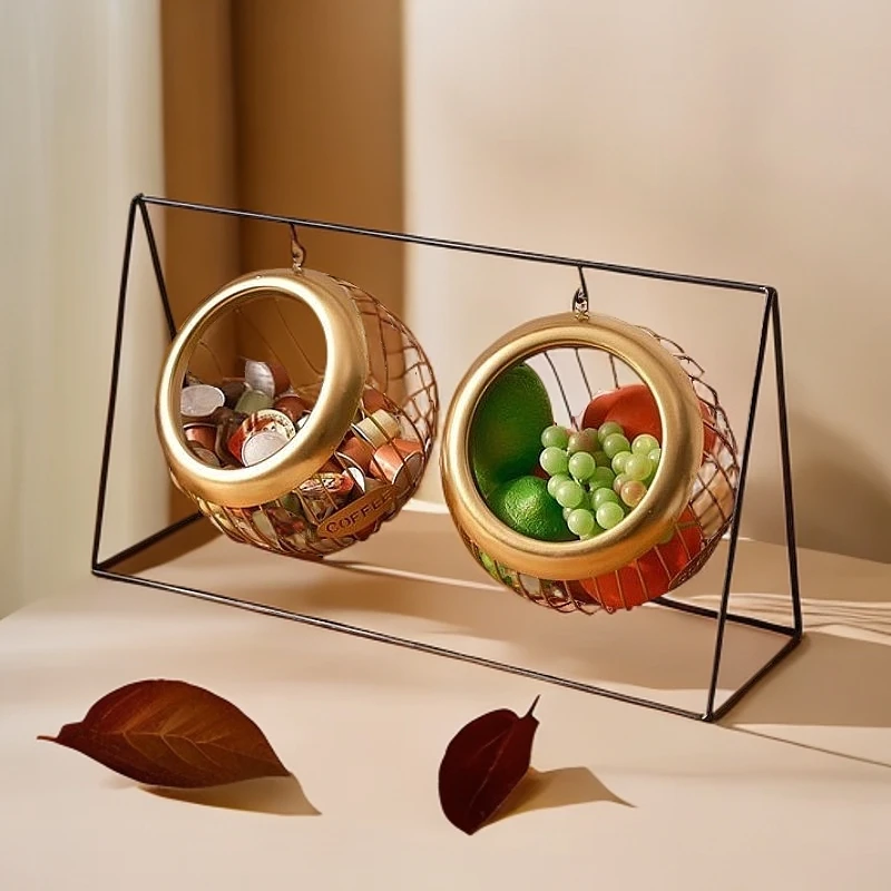 新款铁艺水果篮可悬挂架子客厅茶几高档零食收纳篮桌面秋千收纳盘