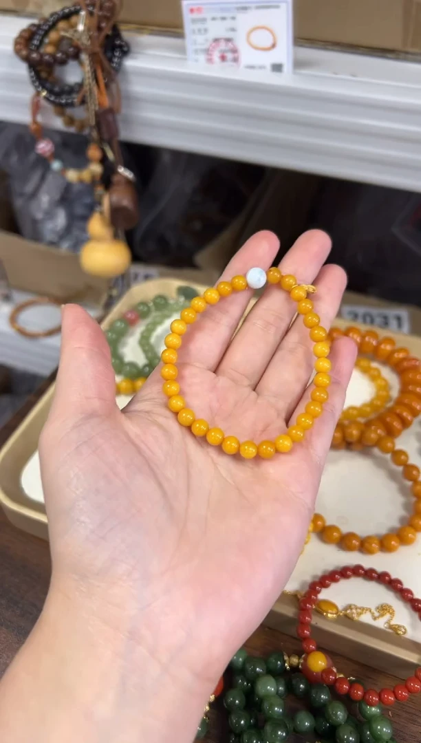 银S925镶嵌蜜蜡手链满蜜蜜蜡海纹珠银手链[0733]