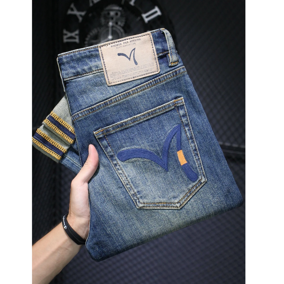 曼库帕娅复古潮牌男士秋冬潮流刺绣韩版修身弹力直筒长裤