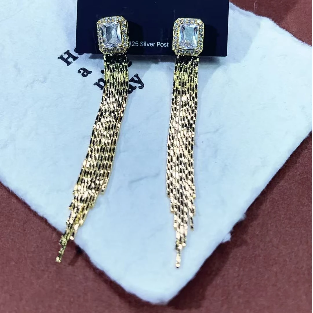 铜合金锆石耳饰 方糖锆石流苏耳环时尚百搭款0098