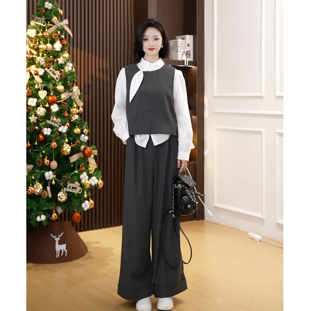 【小爽Eris】韩系气质时尚马甲系领长袖衬衫+高腰西装阔腿裤三件套