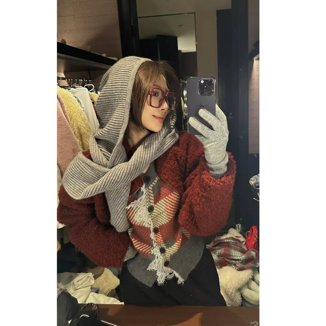 蕾丝边边！针织开衫~自带氛围感宽松慵懒秋冬毛衣内搭格纹时尚设计