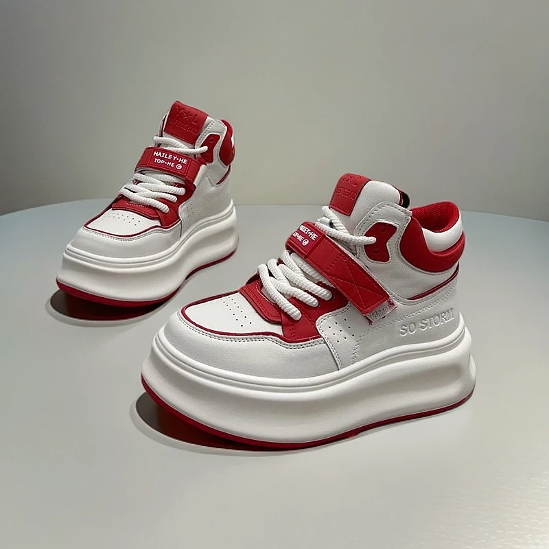 真皮增高7cm高帮小白鞋女2025春季新款时尚百搭运动板鞋面包鞋子