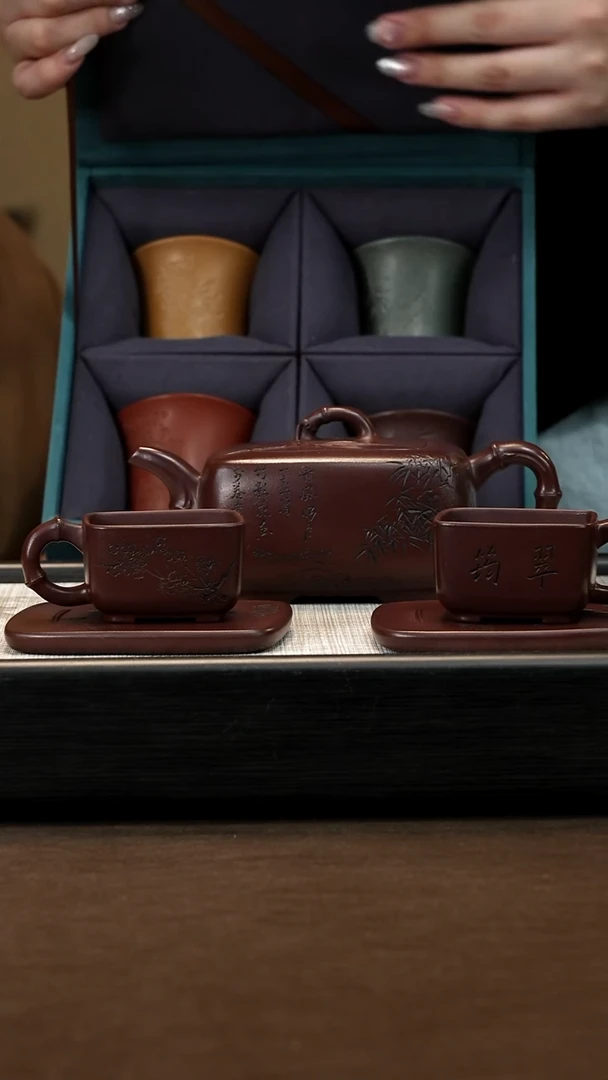 茶壶紫砂【P032】四方竹节350c（五件套）  YYF