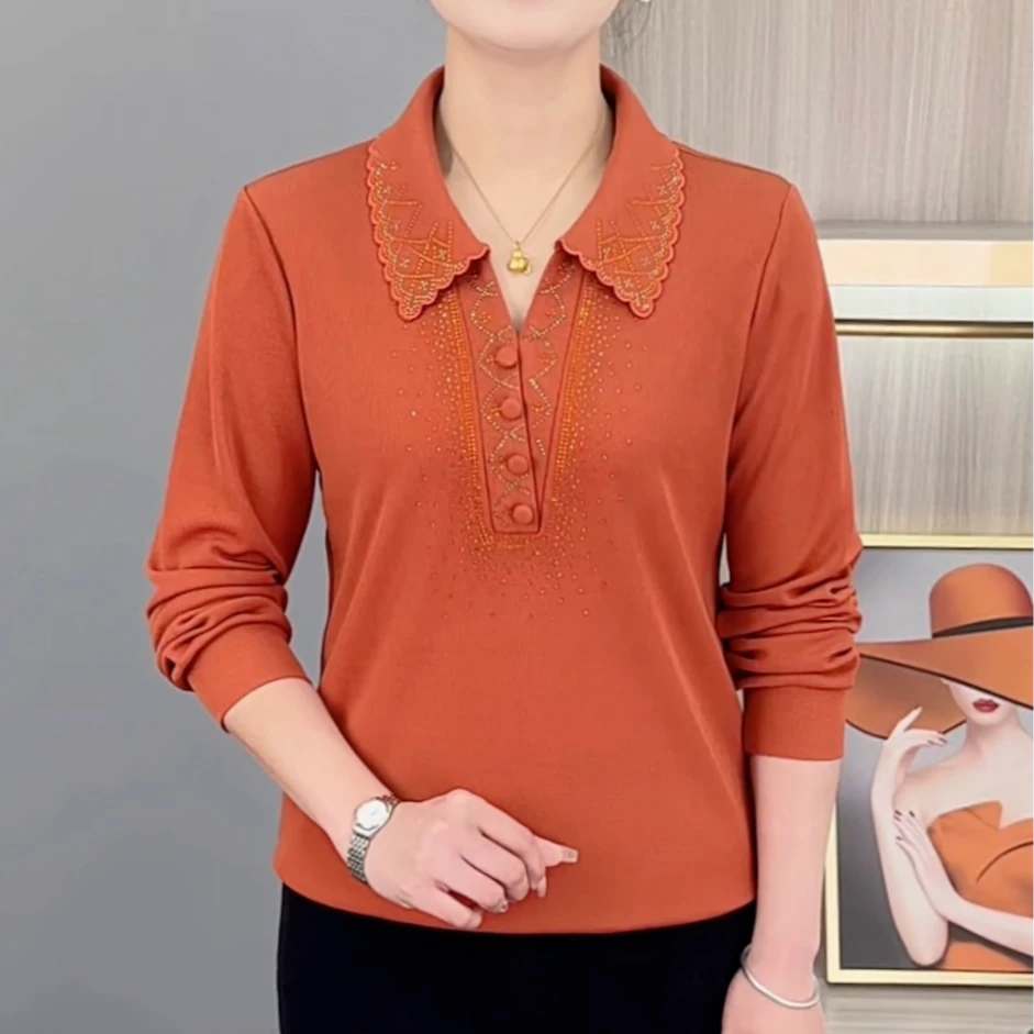春秋新款时尚翻领中年洋气烫钻妈妈装气质显瘦百搭长袖上衣H6805