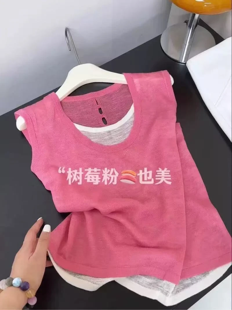 韩系时尚显白假两件拼接无袖背心女2025夏季新款撞色拼接减龄上衣