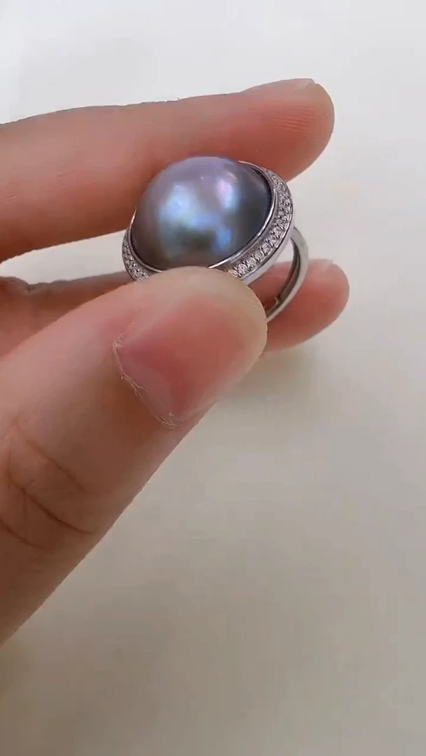 银S925镶嵌戒圈拼合珍珠（马贝珠）灰色戒指