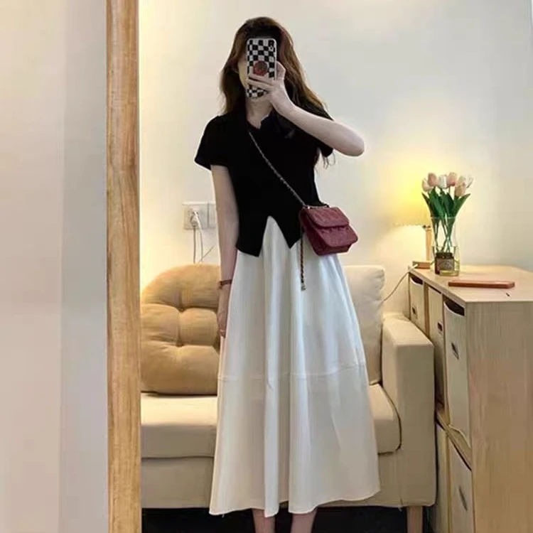 夏装女新款茶系穿搭一整套微胖盐系高级感连衣裙子两件套装女1742