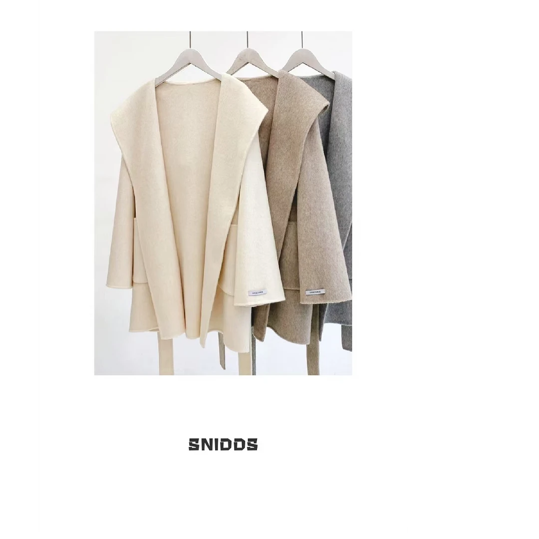 2/12 女士 韩版双面羊毛宽松系带连帽毛呢外套