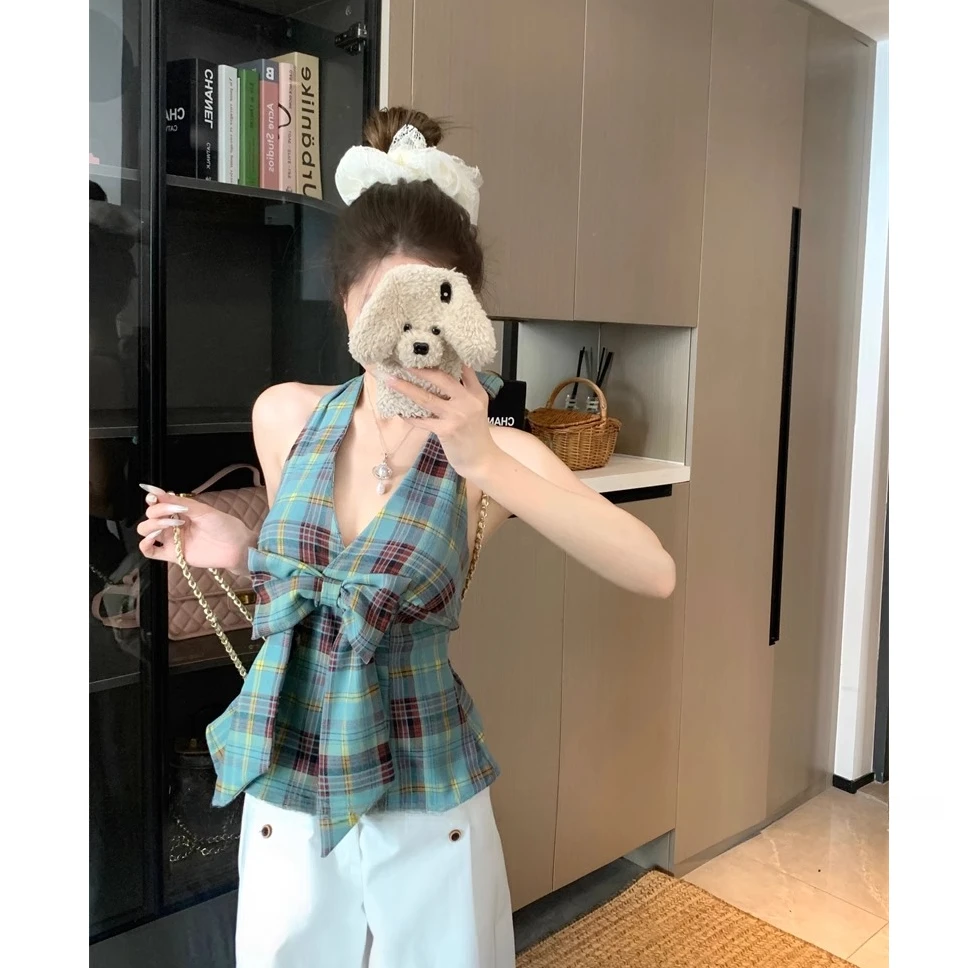 夏季修身收腰无袖外穿辣妹显瘦上衣女蝴蝶结格纹美背v领挂脖背心