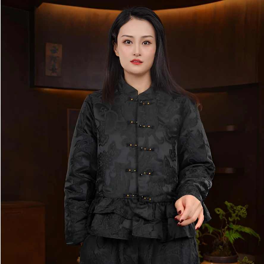 【山海轻奢】秋冬中国风棉衣黑色浮雕花刺绣拼木耳边新中式长袖棉服