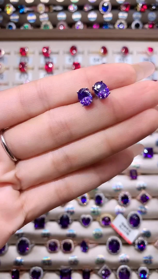 紫晶耳饰银S925镶嵌高温优化/合成处理68白