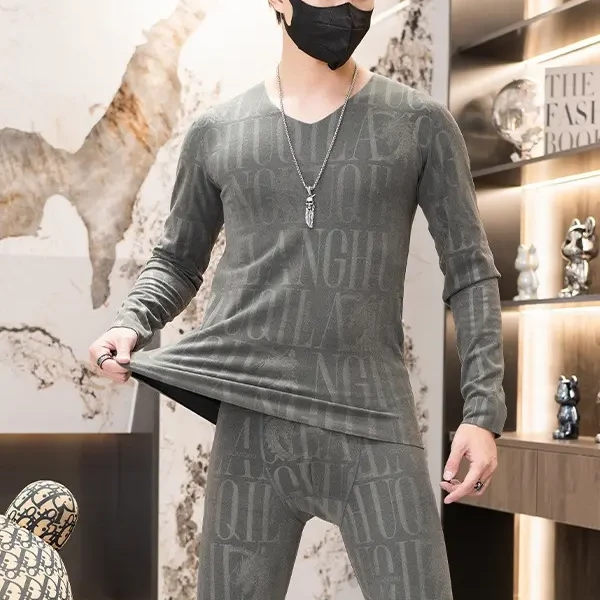 2025款秋冬季男士新款长袖打底压花磨绒加绒加厚双面磨绒睡衣套装