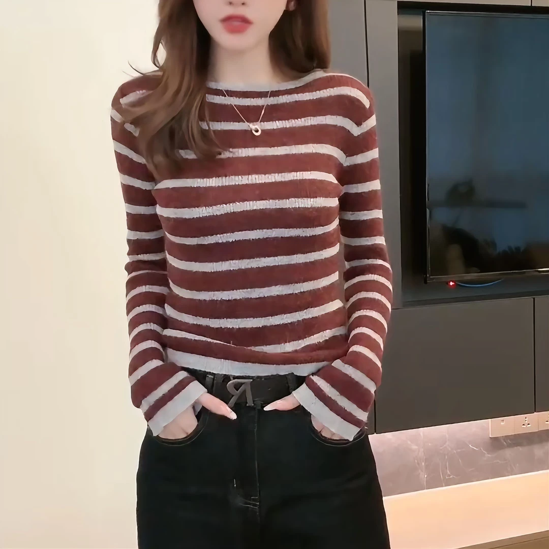 2024秋冬复古显白条纹毛衣女人味修身显瘦长袖针织衫女LK2500977