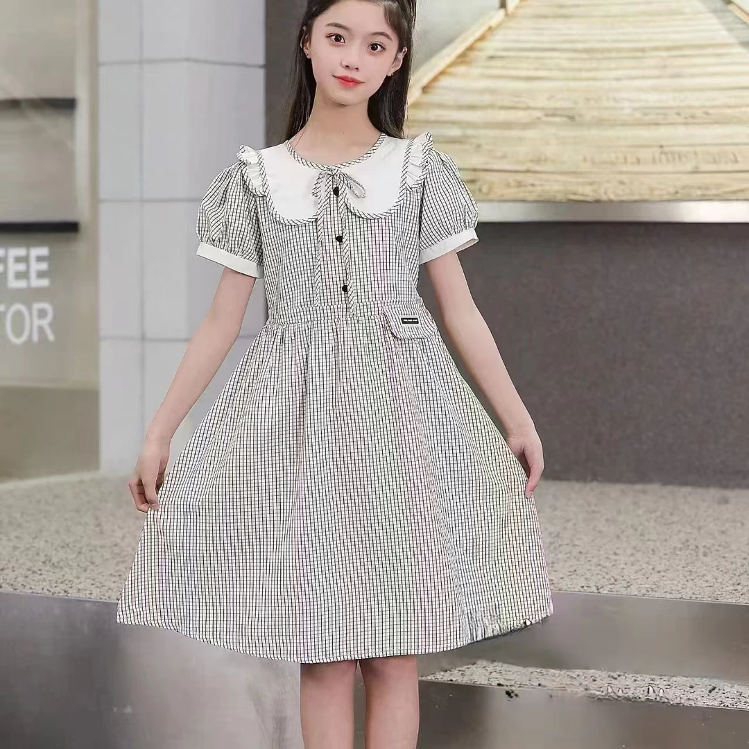 夏季新款-娃娃领格子女童时尚百搭连衣裙（根据裙长来拍）
