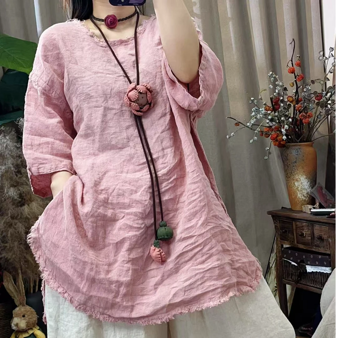 （忆南）5134简约亚麻中长款上衣（衣长88胸围140）