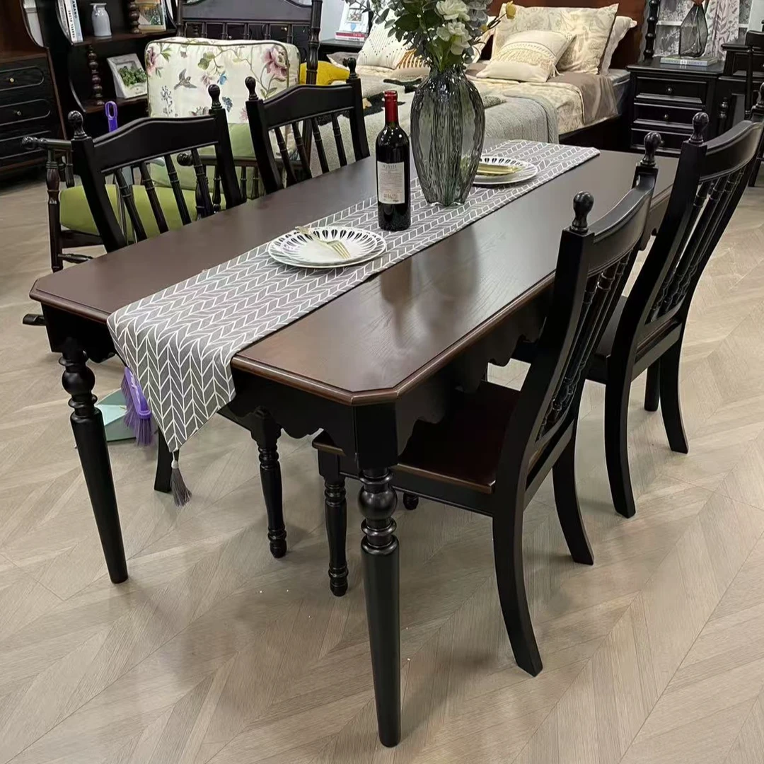 中古风实木餐桌餐椅组合全实木白蜡木复古长方形桌子家用古典饭桌