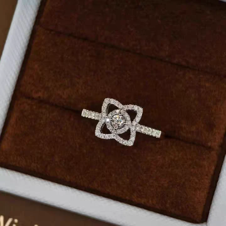 99新 Cartier/卡地亚 小花柳 戴比尔斯lotus 白金满钻戒指 53号