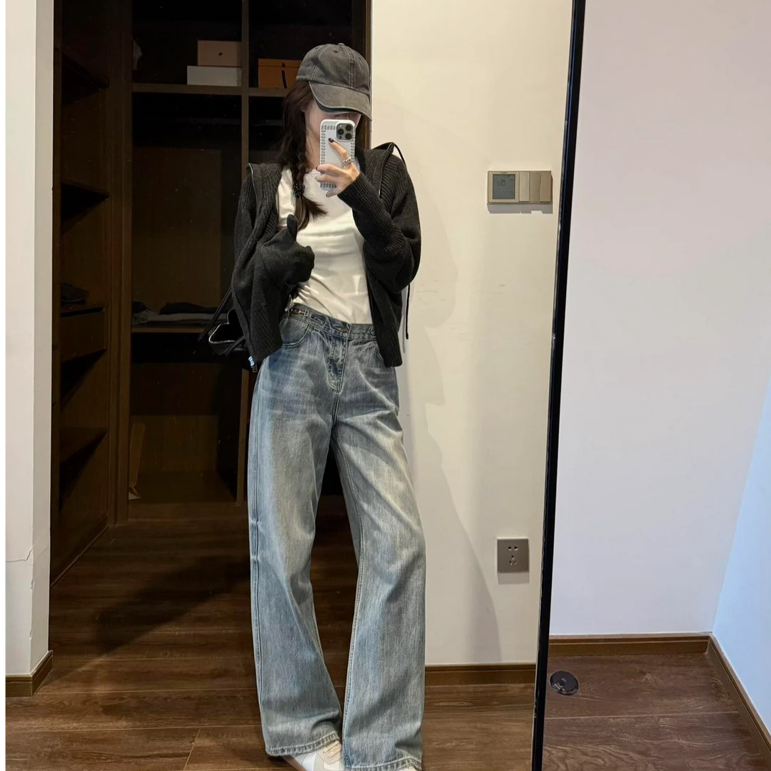 时尚套装气质显瘦洋气休闲百搭外穿长袖上衣宽松阔腿长裤牛仔裤女