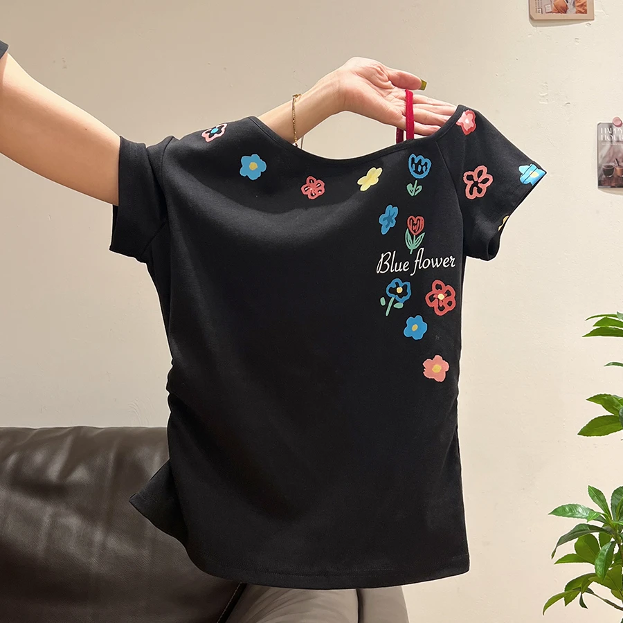 设计感辣妹吊带斜肩短袖T恤夏季新款不规则褶皱修身显瘦百搭上衣