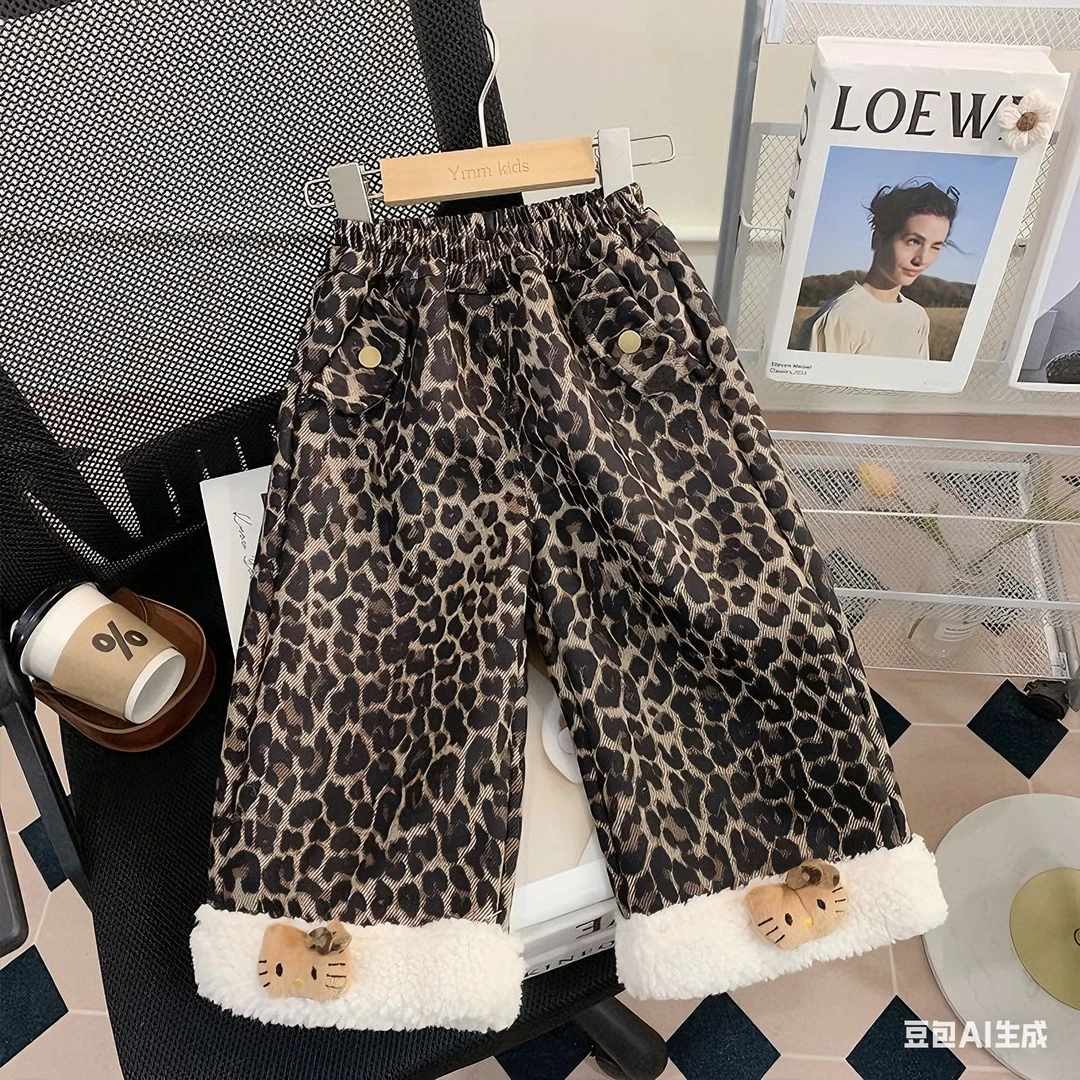 女童加绒裤子秋冬装2025新款女宝宝休闲长裤儿童豹纹直筒裤保暖裤