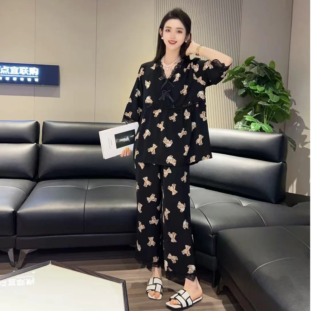 秋新款超柔软凉感雪纺七分袖睡衣套装大码宽松薄款休闲显瘦家居服