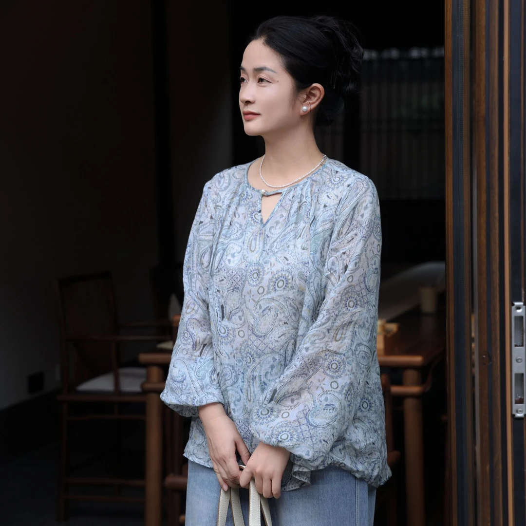 麻享【东方佩斯利·青花瓷】莨麻腰果花印花小衫清凉上衣FSY50725