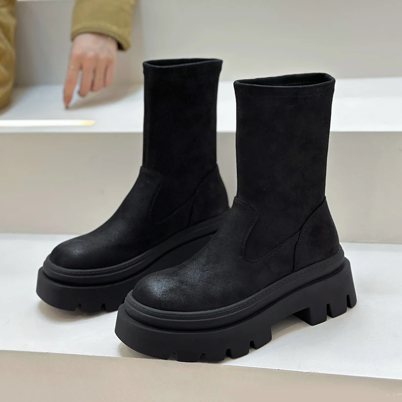 VIGOUR短靴 时尚百搭粗跟厚底英伦风秋冬圆头瘦瘦靴显瘦弹力靴潮