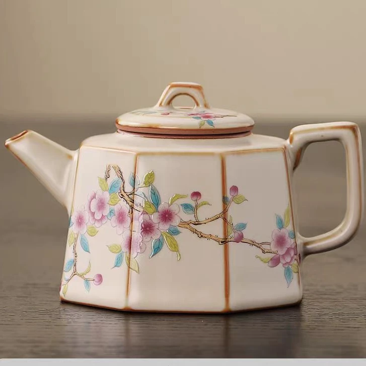 德化云仓 米黄汝窑桃李春风八方壶家用功夫茶具-4839