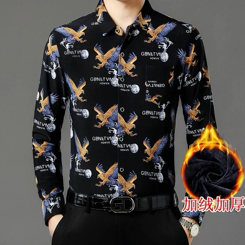 冬季保暖长袖花衬衫男中年碎花爸爸装宽松休闲衬衣加绒加厚有口袋