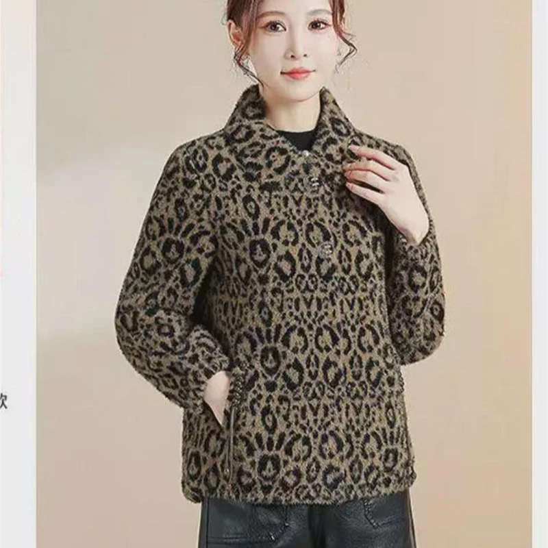 厚款加绒女豹纹双面网红时尚保暖冬季复古百搭短外套花色洋气