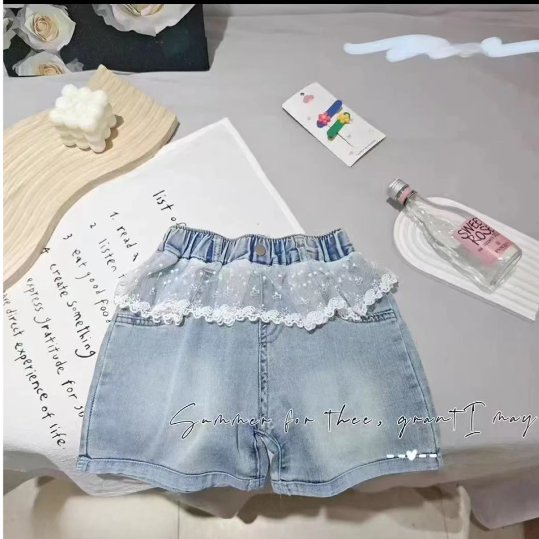 女童牛仔短裤2025新款夏装裤子洋气百搭儿童韩版夏季薄款蕾丝短裤