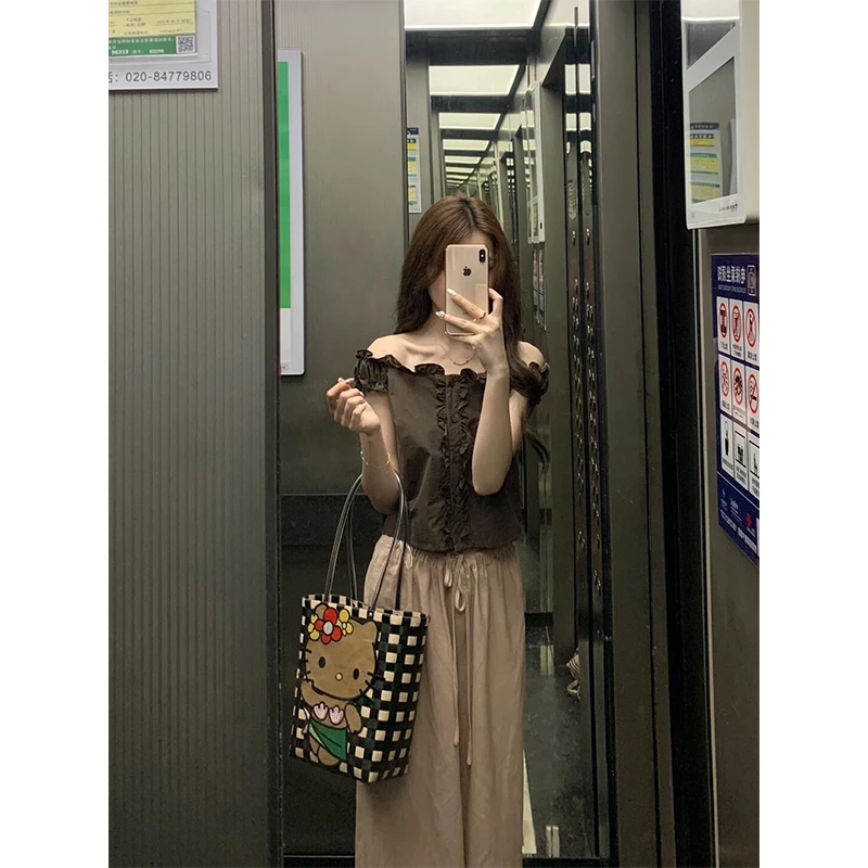 时尚穿搭女士一字领显瘦百搭小众法式气质花边上衣直筒百搭休闲裤