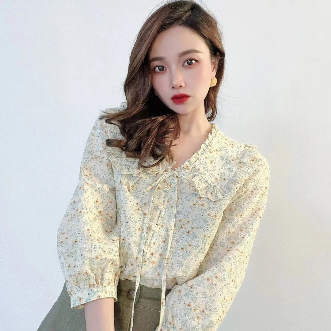 GIRDEAR/哥弟精品复古法式百搭外穿显瘦碎花衬衫女装上衣1300862