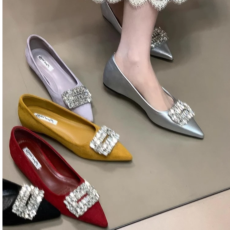 2025夏季新款时尚内增高百搭晚晚鞋浅口水钻方扣瓢鞋尖头气质单鞋