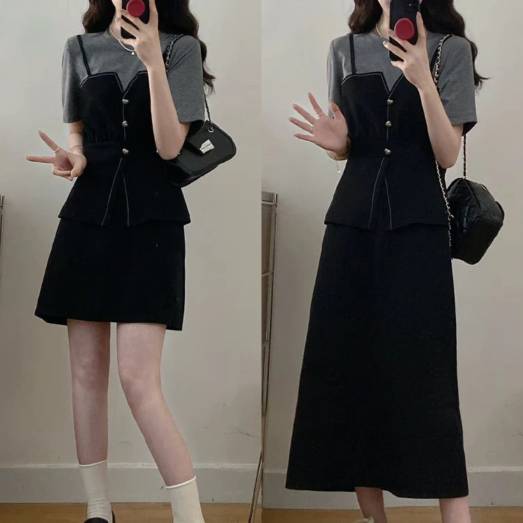 大码女装胖mm新款假两件吊带拼色收腰上衣+显瘦遮肉长短裙两件套