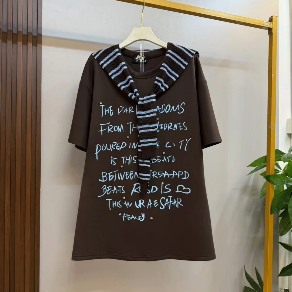 新款大码女装欧货时尚宽松字母设计半袖披肩两件套