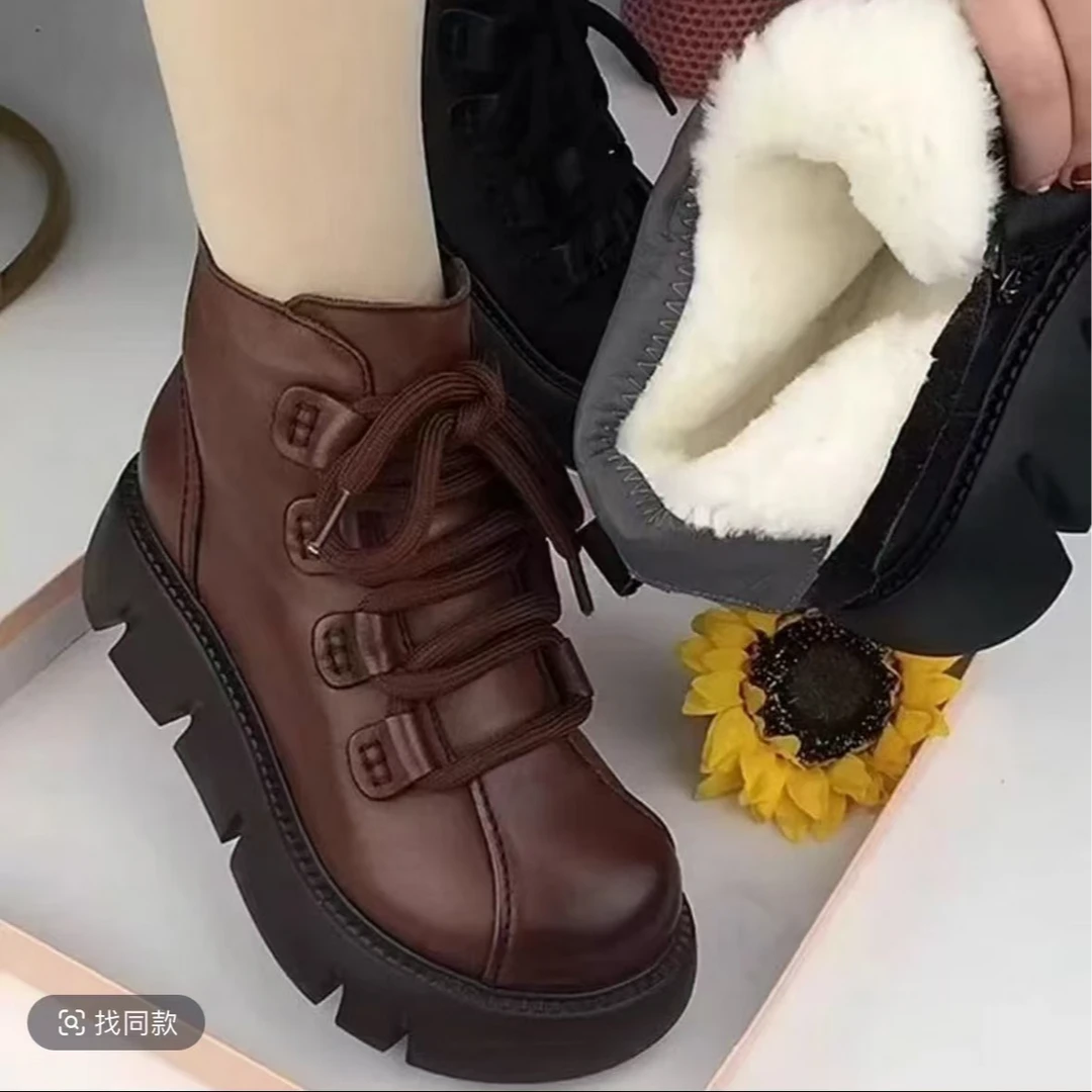 软皮高帮棉鞋女2024新款冬季加绒加厚保暖短 靴厚底