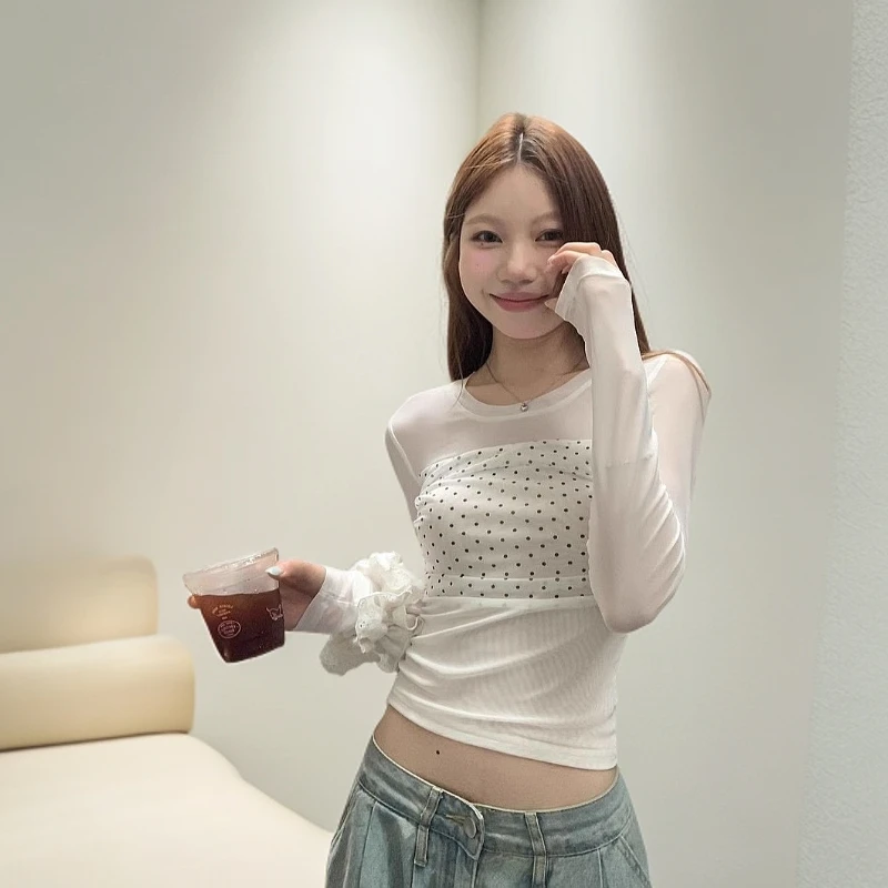 设计感双层网纱波点t恤女夏季2025新款韩版修身显瘦拼接长袖上衣