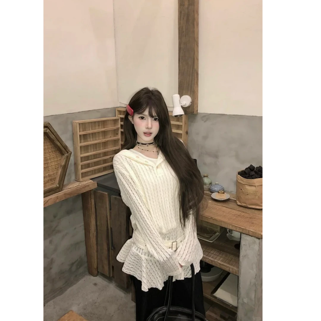 大码秋季遮肉显瘦针织衫女微胖mm镂空白色上衣宽松连帽长袖卫衣裙
